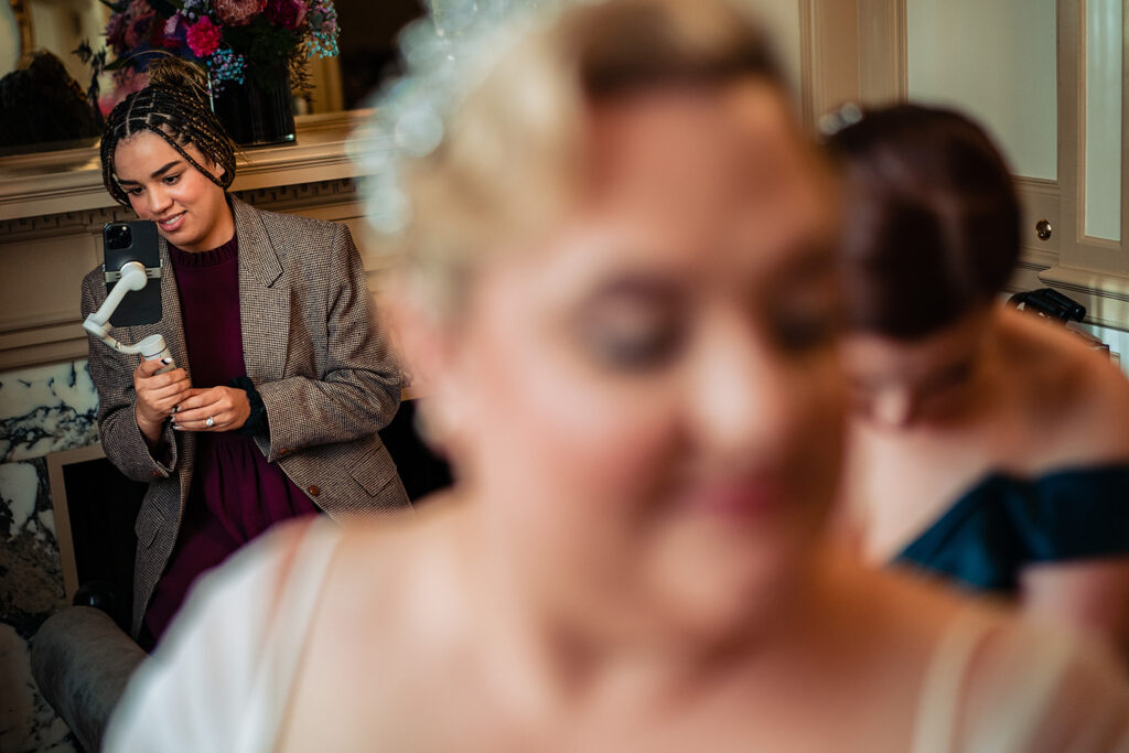 Wedding content creator capturing behind-the-scenes moments during a Lehigh Valley wedding day at Vault 634.